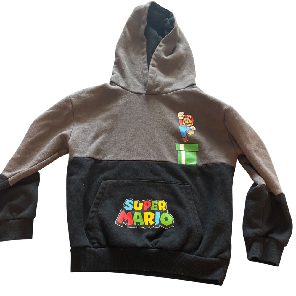 Nintendo Super Mario Bros Colorblock Graphic Hoodie Grey Black Kids Pullover